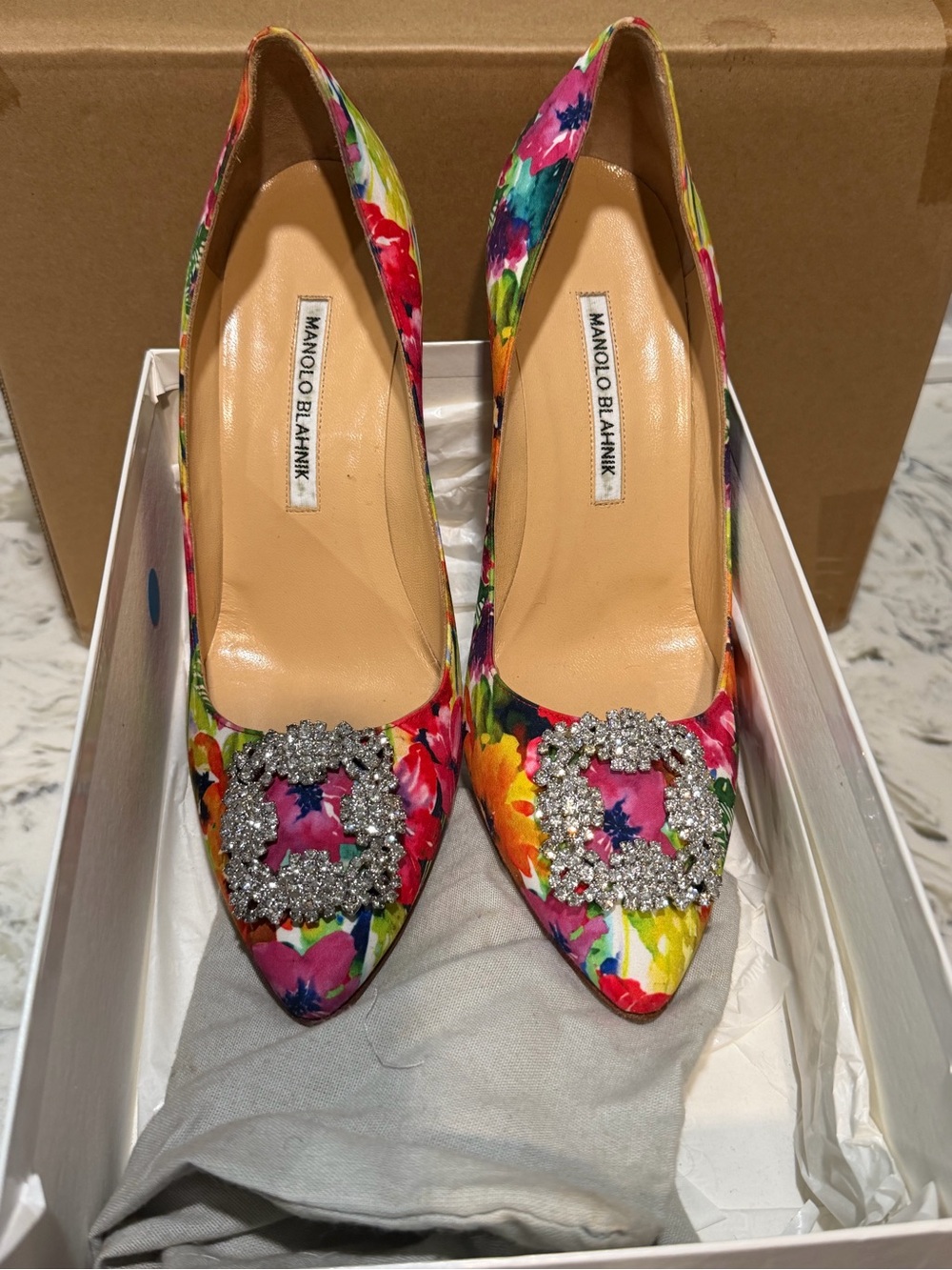 Manolo Blahnik Floral Multicolor Satin Pointed Toe Pumps with Crystal Buckle